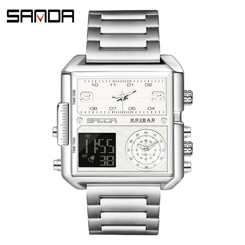SANDA 2023 Wrist Watch For Personality Business Men's Watch Fashion Square Electronic Watch Cool Stainless Steel Luminous Watch