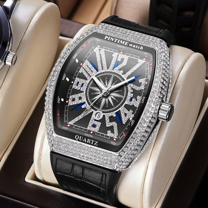 PINTIME Men's Watch Frank Barrel Watch Simple Watch Belt Yacht Diamond Retro Watch