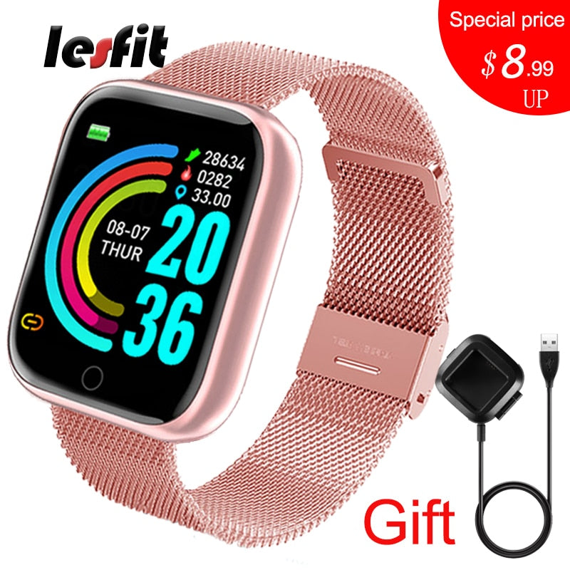 Lesfit Pink Smart Watch Women Men Smartwatch For Android IOS Bluetooth Steel Strap Smart-watch Watch Electronic Fitness Tracker - THEFASHIONBRANDS