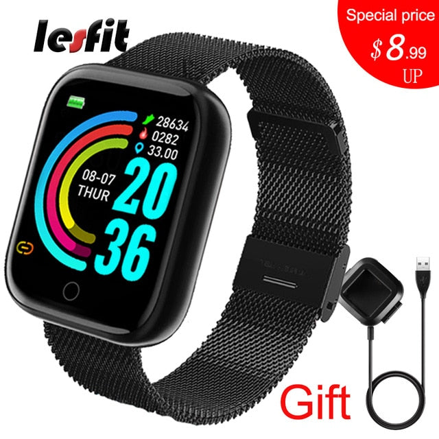 Lesfit Pink Smart Watch Women Men Smartwatch For Android IOS Bluetooth Steel Strap Smart-watch Watch Electronic Fitness Tracker - THEFASHIONBRANDS