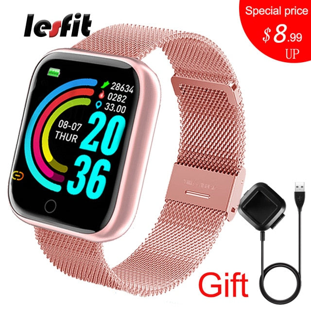 Lesfit Pink Smart Watch Women Men Smartwatch For Android IOS Bluetooth Steel Strap Smart-watch Watch Electronic Fitness Tracker - THEFASHIONBRANDS
