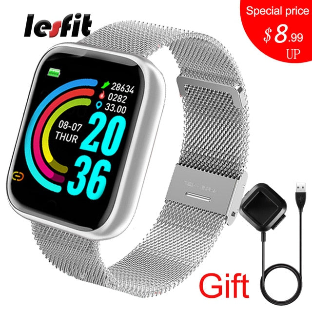 Lesfit Pink Smart Watch Women Men Smartwatch For Android IOS Bluetooth Steel Strap Smart-watch Watch Electronic Fitness Tracker - THEFASHIONBRANDS