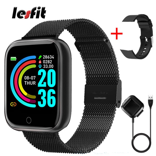 Lesfit Pink Smart Watch Women Men Smartwatch For Android IOS Bluetooth Steel Strap Smart-watch Watch Electronic Fitness Tracker - THEFASHIONBRANDS