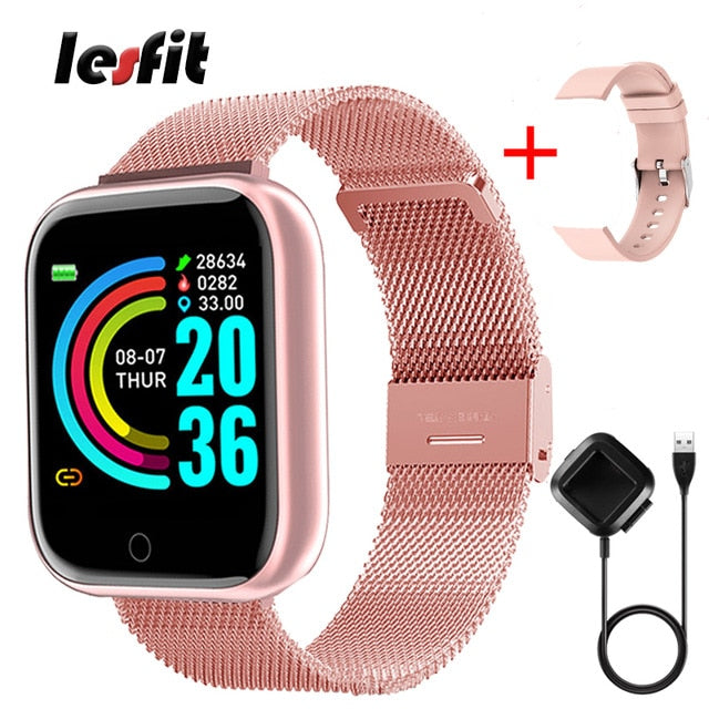 Lesfit Pink Smart Watch Women Men Smartwatch For Android IOS Bluetooth Steel Strap Smart-watch Watch Electronic Fitness Tracker - THEFASHIONBRANDS
