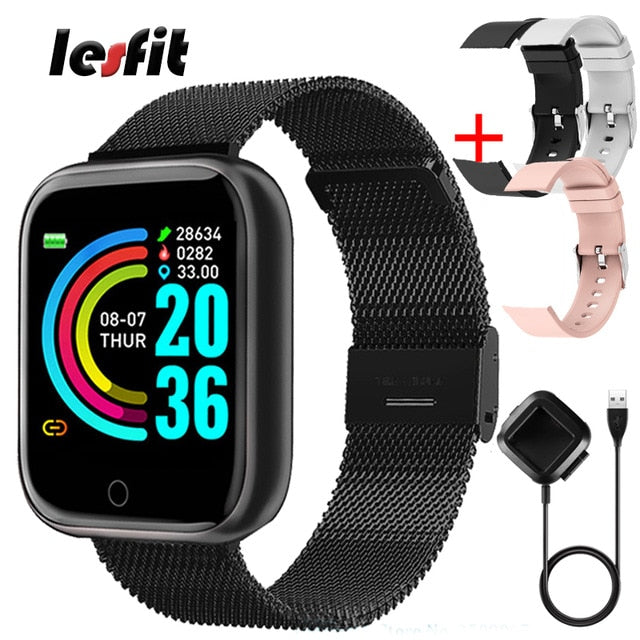 Lesfit Pink Smart Watch Women Men Smartwatch For Android IOS Bluetooth Steel Strap Smart-watch Watch Electronic Fitness Tracker - THEFASHIONBRANDS