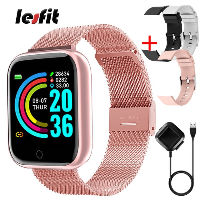 Lesfit Pink Smart Watch Women Men Smartwatch For Android IOS Bluetooth Steel Strap Smart-watch Watch Electronic Fitness Tracker - THEFASHIONBRANDS
