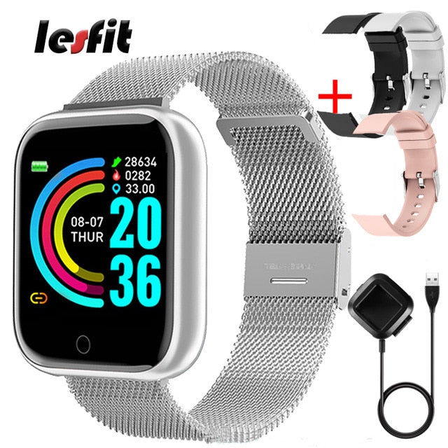 Lesfit Pink Smart Watch Women Men Smartwatch For Android IOS Bluetooth Steel Strap Smart-watch Watch Electronic Fitness Tracker - THEFASHIONBRANDS