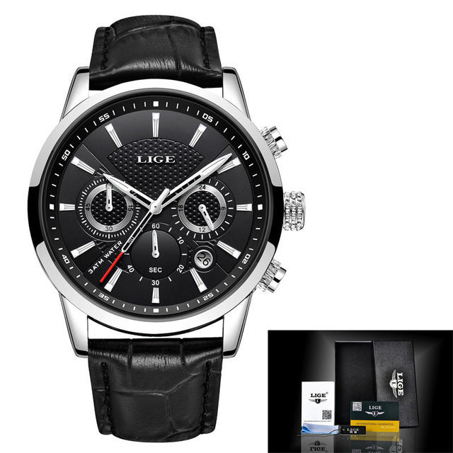 LIGE Men's Watches Top Brand Luxury Men Wrist Watch Leather Quartz Watch Sports Waterproof Male Clock Relogio Masculino+Box