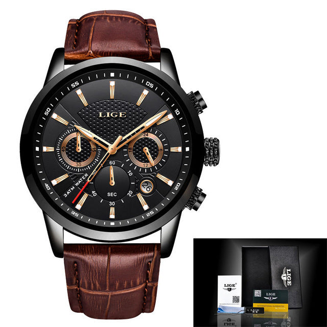 LIGE Men's Watches Top Brand Luxury Men Wrist Watch Leather Quartz Watch Sports Waterproof Male Clock Relogio Masculino+Box