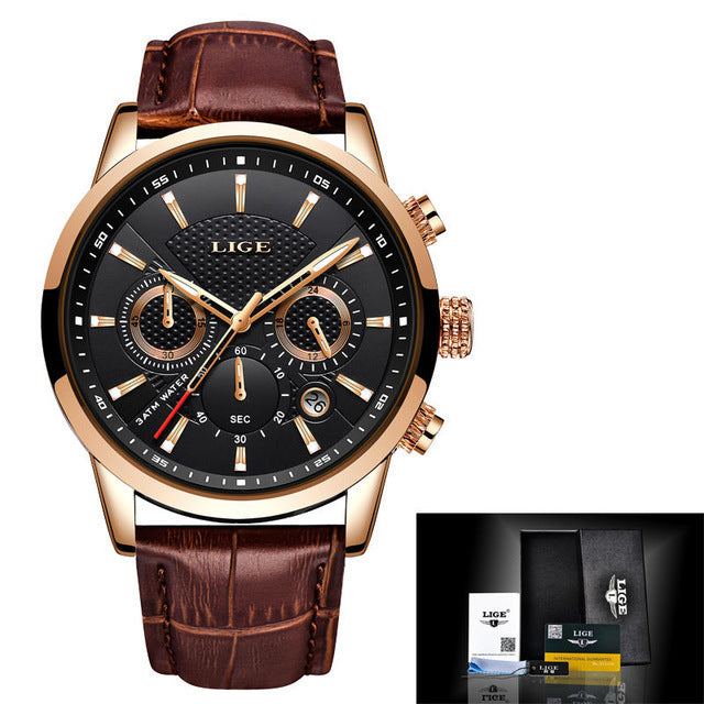 LIGE Men's Watches Top Brand Luxury Men Wrist Watch Leather Quartz Watch Sports Waterproof Male Clock Relogio Masculino+Box
