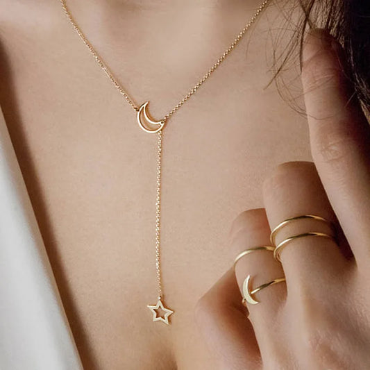 Simple Moon Star Pendant Choker Necklace Gold Color Alloy
