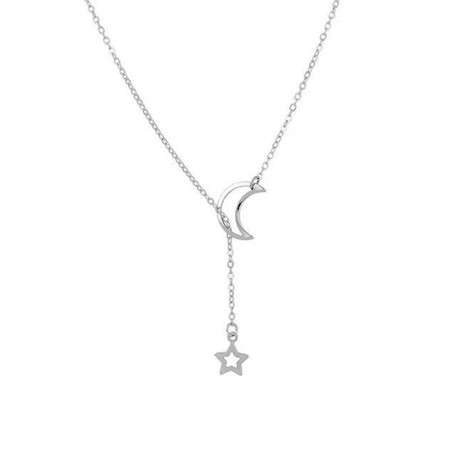 Simple Moon Star Pendant Choker Necklace Gold Color Alloy