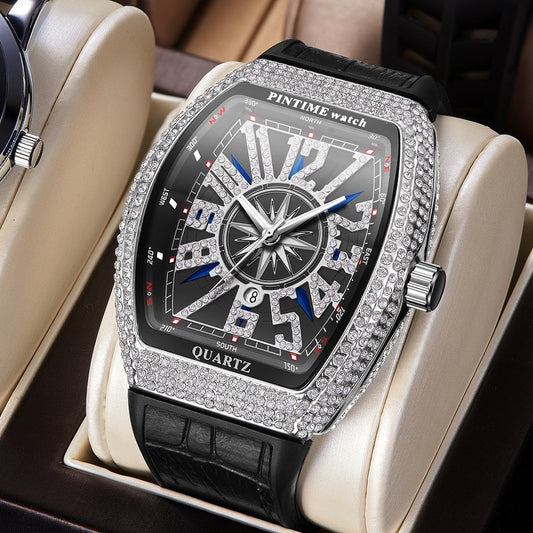 PINTIME Men's Watch Frank Barrel Watch Simple Watch Belt Yacht Diamond Retro Watch