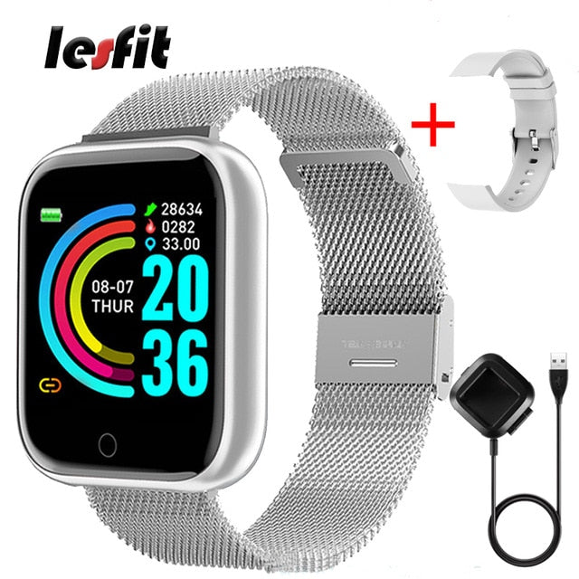 Lesfit Pink Smart Watch Women Men Smartwatch For Android IOS Bluetooth Steel Strap Smart-watch Watch Electronic Fitness Tracker - THEFASHIONBRANDS