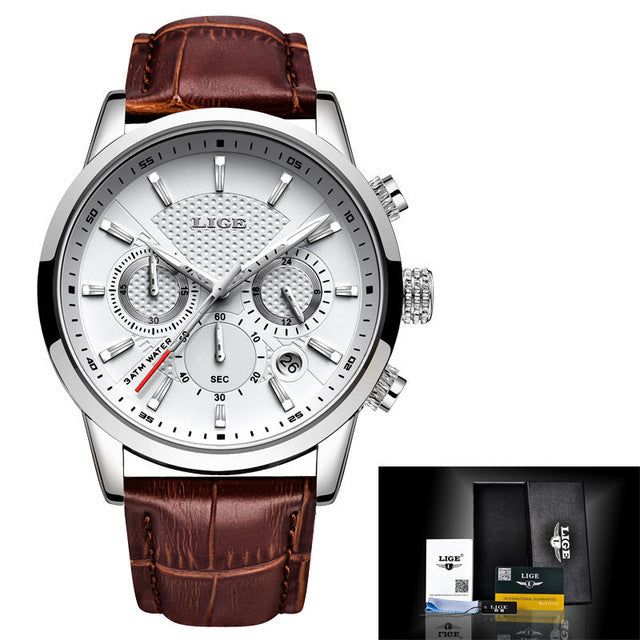 LIGE Men&#39;s Watches Top Brand Luxury Men Wrist Watch Leather Quartz Watch Sports Waterproof Male Clock Relogio Masculino+Box